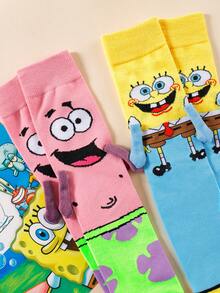 SpongeBob SquarePants 半双装可爱卡通联名磁性牵手海星图案中筒袜，透气吸湿，独特百搭，适合约会和日常穿着 - 彩色 - 查看 5