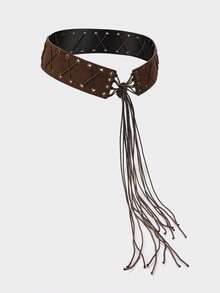 1条波西米亚风流苏系带腰带，镂空金属孔眼麂皮宽腰带，适合搭配裤子、连衣裙、外套，日常穿着，派对、约会、度假等场合。 - 咖啡 - 查看 4