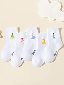 Disney 5/1 Pair Girls' Spring/Summer Versatile Campus Socks, Adorned With Lovely Vibrant Cartoon Princess Patterns, Cute & Fashionable, Soft & Breathable, Moisture-Wicking Sports Socks, Sweet & Comfortable Lace Trim Socks, Suitable For Parties, School, Outings, And Relaxation At Home - White - View 2