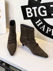Vintage Pointed Toe Versatile Short Shaft Slim Fit Pleated Ankle Boots, Women's Fashion Boots - Dark Brown - View 5