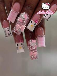 SANRIO 三麗鷗 Hello Kitty 24入長方豹紋與粉色法式穿戴甲，3D可愛 Hello Kitty 蝴蝶結、珍珠、花朵與水鑽設計，完美貼合壓克力假指甲組，適合女孩日常與派對使用 - 彩色 - 查看 8