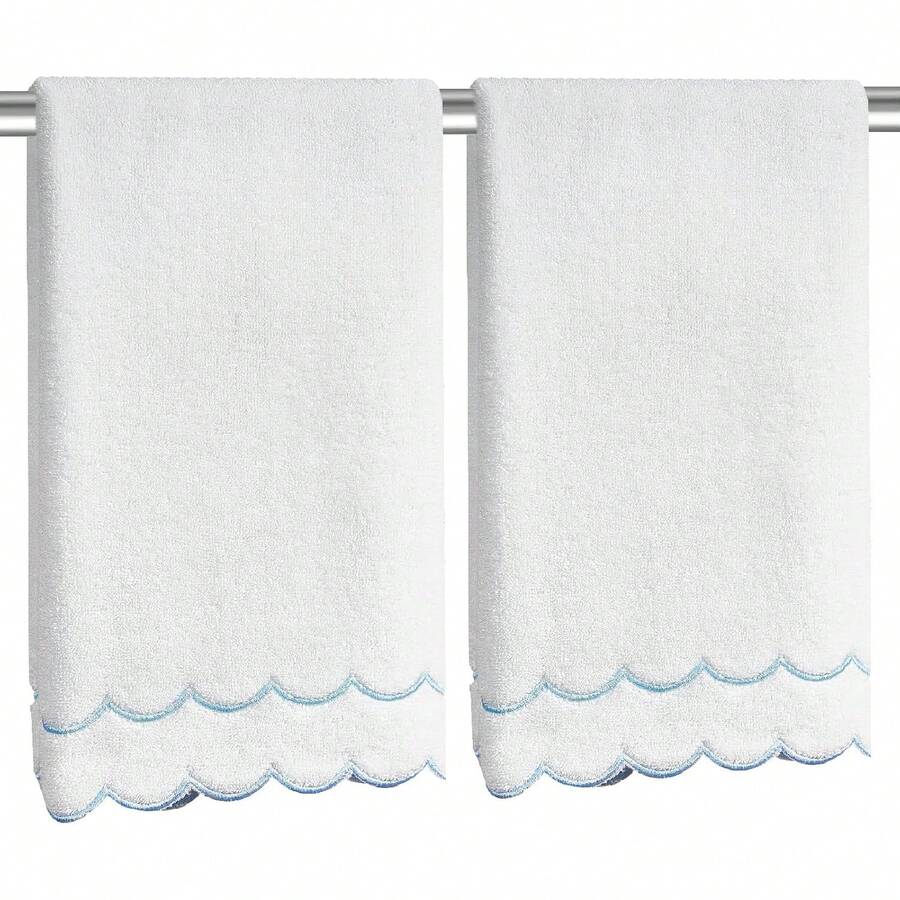 Cotton Scalloped Hand Towels 600 GSM Embroidered Soft Absorbent Decorative Bath Towels Bathroom Hotel Spa Yoga Sport Blue 1-Pack 27 L X 16 P6UB - 藍色 - 查看 1
