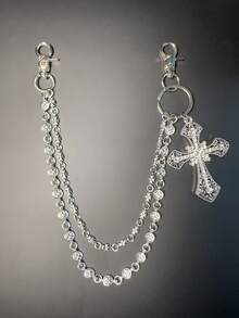 多元素交叉裤链，带龙虾扣吊坠的腰链，钱包链，复古链，双层链，嘻哈朋克风，牛仔裤链，口袋链，男士钥匙链 - 古銀色 - 查看 1