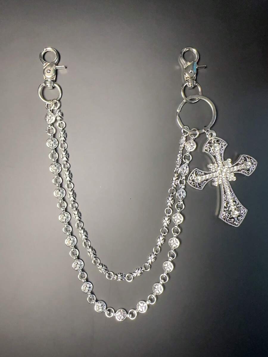 多元素交叉裤链，带龙虾扣吊坠的腰链，钱包链，复古链，双层链，嘻哈朋克风，牛仔裤链，口袋链，男士钥匙链 - 古銀色 - 查看 1