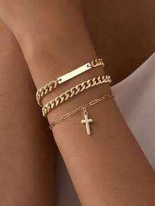 Tkool 3pcs/Set Classic Safety Pin, Paper Clip, Cross Mixed Design Bracelet Set For Women - Yellow Gold - View 3
