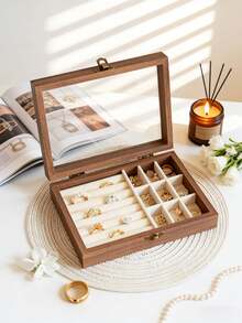 1个复古木质首饰盒，带玻璃面板和防尘盖 - 八角形收纳盒，可存放手镯、戒指、耳环、项链 - 多层设计，内置耳环钩和织物内衬，方便收藏和收纳，金属搭扣锁，结构坚固耐用，可作展示柜，时尚达人专属首饰盒 - 多色 - 查看 16