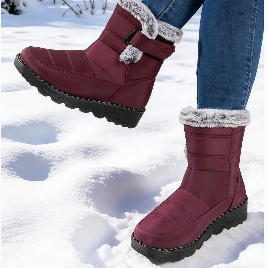 FZY New 2026 Winter Women's Ankle Boots And Short Boots: Stylish, One-Piece Mid-Calf Platform Boots With Adjustable Elastic Heels And A Thick, Fashionable Flannel Edging, Perfect For Winter Outdoor Activities And Can Be Paired With Valentine's Day Outfits. Available In Black, Red, Grey, And Blue. Women's Winter Clothing. A Top Choice For Valentine's Day Gifts. Stylish, Warm Black Ankle Boots; Comfortable And Versatile Low-Heeled Shoes; One-Piece Boots. Avant-Garde Elongated Women's Boots; Comfortable And Durable Concealed Wedge Boots. - 紅色 - 查看 1