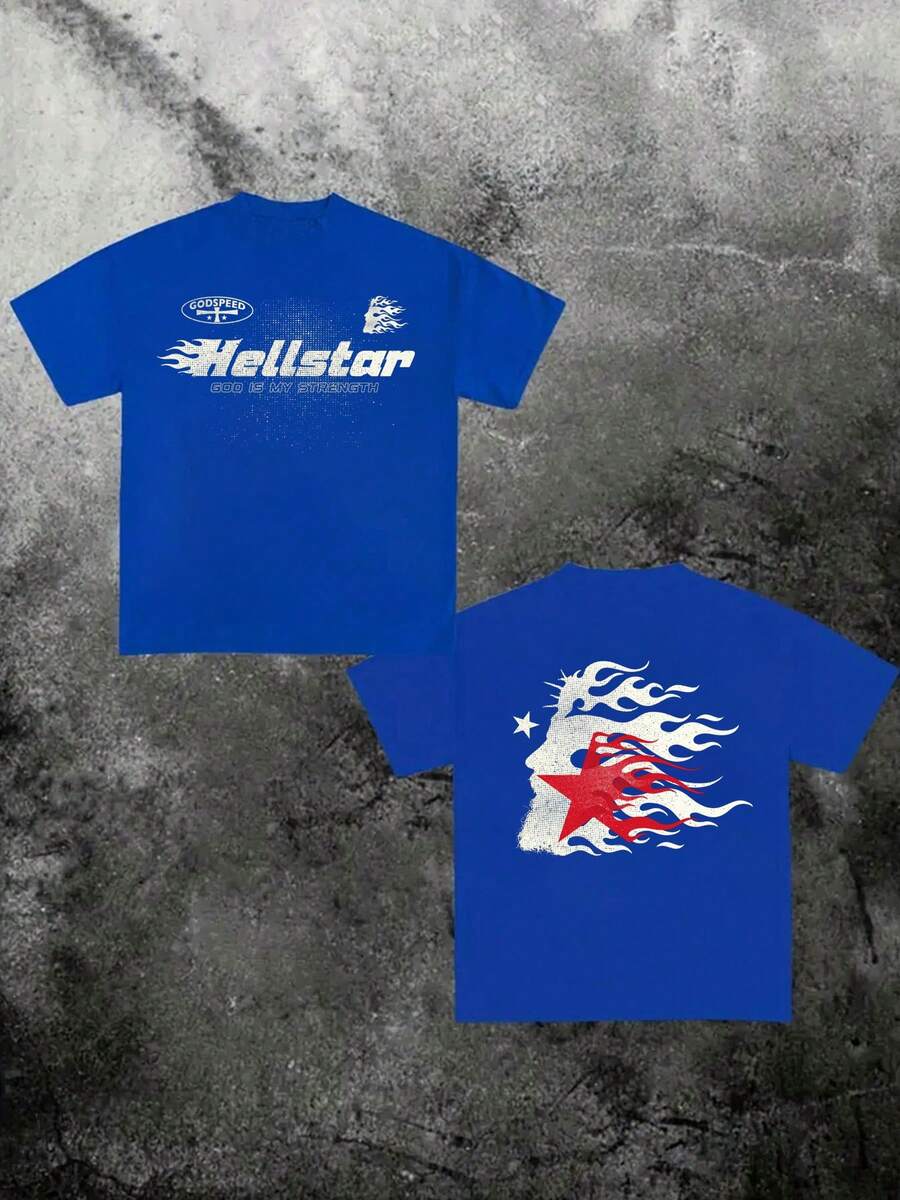 (220 Cotton T-Shirt Double-Sided Printing) 1pc Flame & Star Graphic T-Shirt, Y2K, Streetwear, Digital Print T - Shirt Casual Comfort Cotton Tee For Spring & Summer Fall Men's Clothing, Halloween Gift,Unisex - Blue - View 1