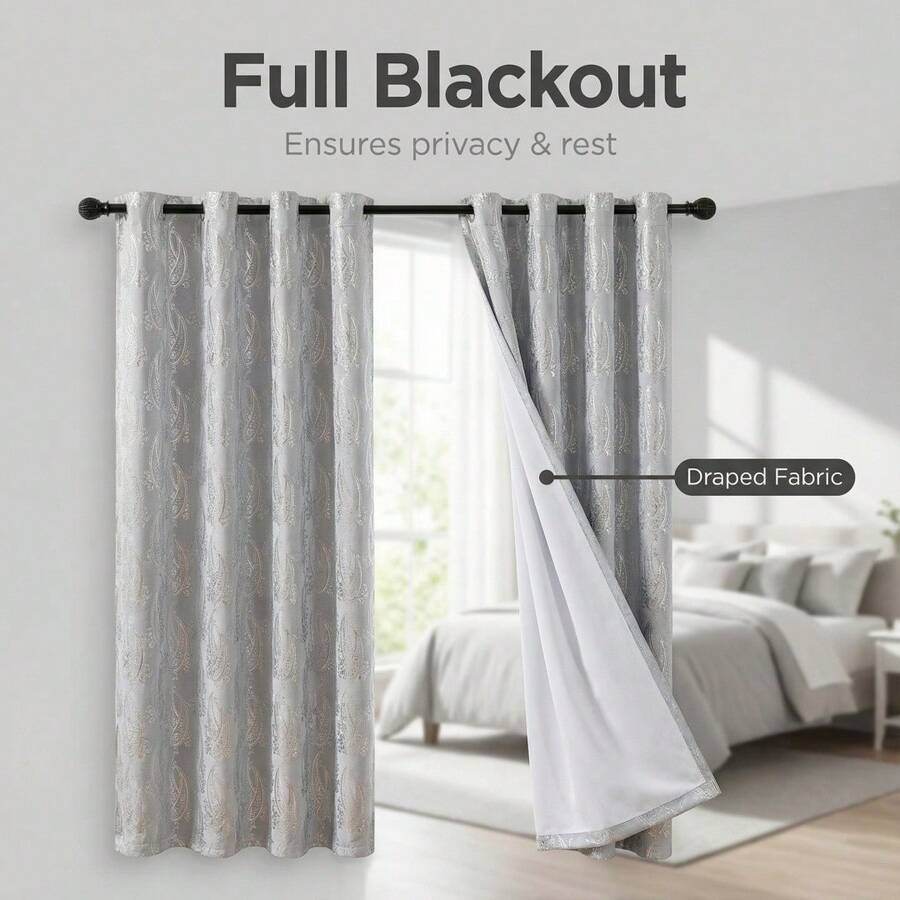 1 件装轻奢高温银色印花佩斯利花纹遮光隔热隐私窗帘，适用于客厅/卧室，轻便易安装，现代简约多功能遮光窗帘 - 銀色 - 查看 1