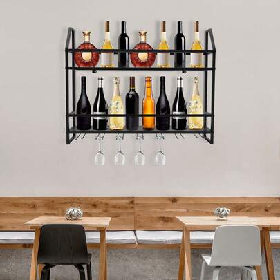 SHIOUCY Black Wall-Mounted Wine Rack 31.5x4.7x24.4in Steel 66.1lbs Load 2 Shelves Cup Holder For Home Restaurant Bar Storage Display