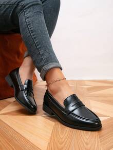 女士乐福鞋，圆头平底乐福鞋，户外复古一脚蹬鞋，'s 鞋，休闲鞋 - 黑色 - 查看 1