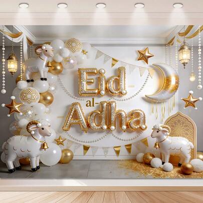 1 طقم ديكور عيد الأضحى، خلفية حائط معلقة من قماش بنقوش الخروف والقمر والنجوم باللون الأسود والأبيض والذهبي الوردي