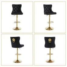 Velvet Bar Stools Set Of 2, Height Adjustable Breakfast Bar Stool, Counter Modern High Chair With Lion Knocker, Suitable For Bars Kitchens And Breakfast Counters, Gold Black - Black - View 11