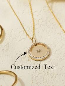 1pc Customized Gold Diamond Disc Necklace, Coin Necklace, Personalized Letter Pendant Necklace, Gift For Her - Gold - View 2