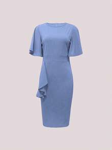 Vestido ajustado de unicolor con cuello redondo y cintura con lazo, estilo vintage elegante para primavera/verano para mujer - lago azul - Ver 4