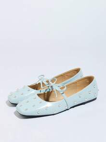 Plus Size Women's Mary Jane Shoes, Spring/Autumn 2026 New Arrival, Light Blue Square Toe Faux Pearl Decor Bow Tie Strap Casual Flats, Versatile Outdoor/Walking Comfortable Ballet Flats - Light Blue - View 17