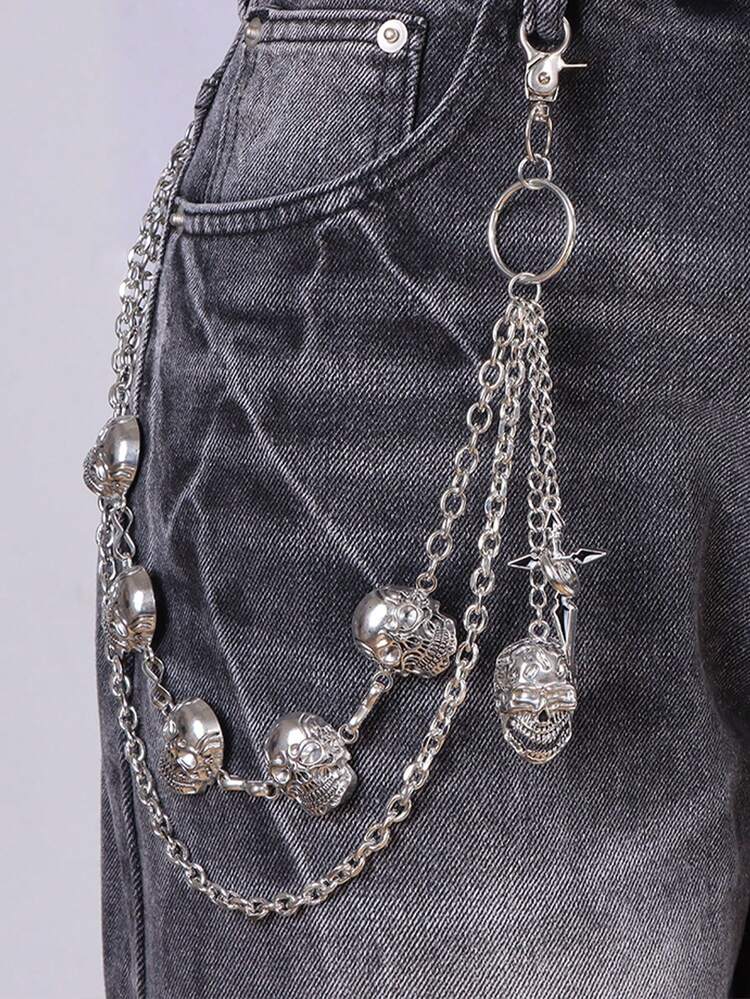 1pc Multi-Layer Men's Pant Chain, Fashion Hip-Hop Unisex Pant Chain With Moon, Sun, Oil Drop Cross, Skull Pendant Waist Accessories, Street Party Wear, Gift Jewelry - Silver - View 1