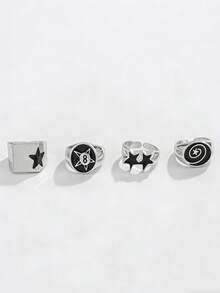 4pcs/Set Black & White Star Punk Style Adjustable Rings Set, Includes Square Ring & Oval Ring, Unique Design, Suitable For Teens, Students - Silver - View 1