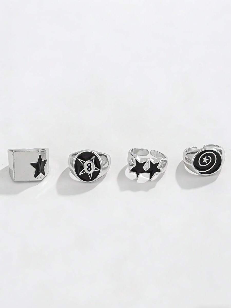4pcs/Set Black & White Star Punk Style Adjustable Rings Set, Includes Square Ring & Oval Ring, Unique Design, Suitable For Teens, Students - Silver - View 1