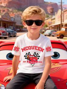 Disney Boys' T-Shirt Featuring A Creative Multi-Heat-Transfer Print Of Lightning McQueen From Cars. Made From Soft, Comfortable, And Breathable Fabric, It's Perfect For Everyday Wear, Outings, And Activities-And Makes An Ideal Gift For Kids. - 白色 - 查看 1