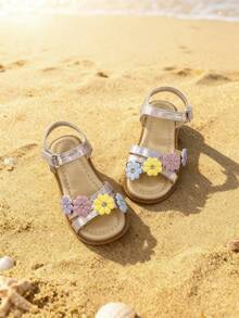 1 Pair Girls Sandals Floral Decor Open Toe Flat Sole Adjustable Strap Cute Summer Shoes - Pink - View 7