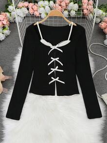 女士春季新款甜美芭蕾舞风格修身长袖针织毛衣，饰有蝴蝶结，叠穿造型黑色上衣 - 黑色 - 查看 5