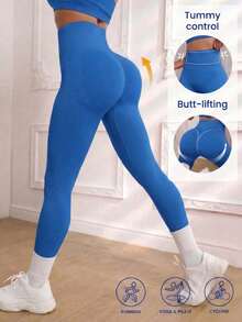 1pc Women's Black Seamless Butt-Lifting Pants, Peach Butt Shaping Yoga Fitness Leggings, Casual Sportswear, High-Quality, Stable & Comfortable, Minimalist & Professional - Blue - View 1