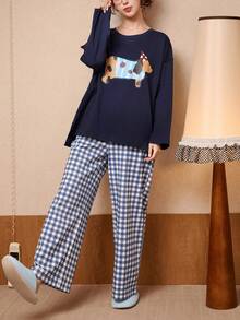 2pcs/Set Spring Cotton Long Sleeve Couple Pajamas, Cartoon Sausage Dog Print, Soft & Breathable Black Homewear Set For Women - Black - View 2