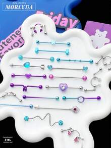 Bộ 3 khuyên tai phong cách công nghiệp Y2K, bao gồm khuyên tai hình rắn và trăng khuyết, khuyên tai hình trái tim và cánh bằng thép không gỉ, và khuyên tai dạng thanh hình răng bướm, phù hợp cho cả nam và nữ, kích thước 38mm/1.5" thích hợp cho xỏ khuyên công nghiệp, xỏ sụn, thích hợp cho Halloween, Giáng sinh, tiệc tùng và đeo hàng ngày. - Màu xanh nhạt - Xem 2