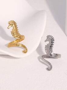 1pc Unique Seahorse Shaped Stainless Steel Gold-Plated Ring, Suitable For Women's Daily, Party, And Date Wear - Open Ring - View 2