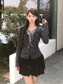 女士韩版荷叶边系带长袖T恤，百搭 - 灰色 - 查看 8