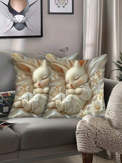 1/2/4pcs Easter Bunny Pillowcases, Signle-Sided Print, Soft Comfortable Fabric, Machine Washable, Zipper Closure, Suitable For Bedroom, Car, And Guest Room Decor - 17.72x17.72 Inches, Pillow Insert Not Included