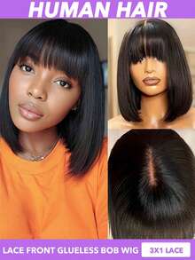 Black/Highlights Brown Colors Bob Wig With Bangs 3x1 Lace Frontal Human Hair Bob Wig Straight Short Bob Wigs For Black Women Human Hair Wear & Go Glueless Wig With Bangs 150% 200% Density 8 10 12 14 16 Inch Multicolor( Natural Black#1B #1B/30) - Multicolor - View 2