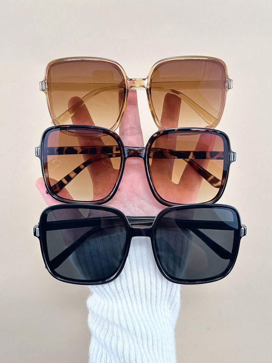 3 pièces lunettes de mode carrées mode décontractées pour femmes, accessoires pour l'extérieur et les festivals de musique - Combinaison 3 pièces à imprimé léopard noir, thé et blanc - Voir 1
