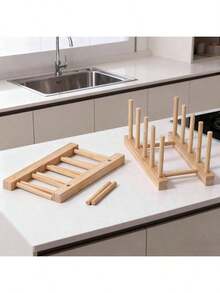 1件装时尚实木碗碟架，天然木纹，可收纳碗碟，沥水设计，家用/出租厨房必备 - 彩色 - 查看 7