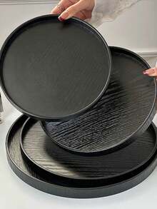 1pc Black Round Premium Serving Tray, For Holding Food, Snacks, Beverages, Sushi, Steak, Pizza, Desserts, Cakes, Breads, Breakfast, Coffee, Tea, Charcuterie - Black - View 1