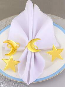 6pcs Gold Star & Moon Napkin Rings Set, Suitable For Holiday Table Decor, Dinner Napkin Holders, Minimalist Napkin Rings - Gold - View 2