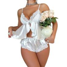 Y2K White Satin Bow Ruffle Lace V-Neck One-Piece Set By Coquette. A Pure And Alluring Style, Perfect For A Date Night, A Valentine's Day Bestseller, The Center Of Attention At Private Parties, A Hot Girl's Pick, Instantly Eye-Catching, A Sweet And Seductive Attack, A Must-Have For Valentine's Day, Perfect For A Baddie Vibe And A Top Choice For Private Dates. - 白色 - 查看 8