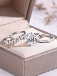 Bộ 3 chiếc nhẫn bạc Sterling S925 cao cấp, sang trọng, hình oval đính đá Cubic Zirconia, thích hợp làm quà tặng cho nữ nhân dịp đính hôn, cưới, dự tiệc, đeo hàng ngày, kỷ niệm, lễ hội, mùa cưới. - Bạc - Xem 2