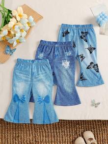 Bộ 3 món quần dài in hình bướm cho bé gái, thích hợp mặc hàng ngày khi đi du lịch và dã ngoại. - Màu xanh lam - Xem 1