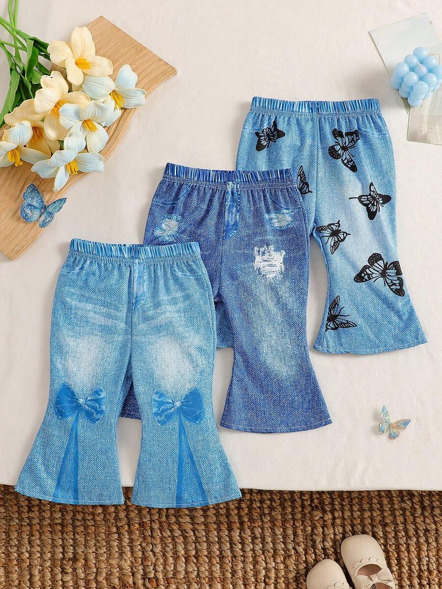 Bộ 3 món quần dài in hình bướm cho bé gái, thích hợp mặc hàng ngày khi đi du lịch và dã ngoại. - Màu xanh lam - Xem 1