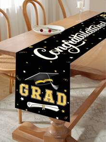 1pc Graduation Celebration Party Tablecloth, Black Congratulations Graduate Black & Gold Mortarboard Pattern Table Runner, 2026 Graduation Tablecloth Tabletop Decor, Graduation Party 2026 Restaurant Table Decor, Home Decor, Graduation Party Supplies, Graduation Theme Table Runner, Party Favors, Photography Props - Black and Gold Graduation Cap - View 6