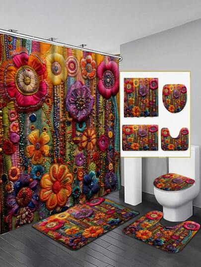 1/4pcs Elegant Forest Floral Shower Curtain, Includes 12 Hooks - Half Bathroom Window Curtain Panel, Hand Washable, Suitable For Bathtub, Home Decor, Whimsical Design, Durable Fabric, Decorative, Size 70.8x70.8 Inches