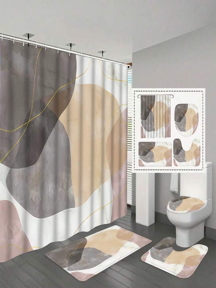 1/4 Piece Bathroom Curtain Set, Includes Shower Curtain, Bath Mat, Toilet Lid Cover And 12 Hooks - Abstract Block Anti-Slip Design - Polyester Fabric Bathroom Curtains - Perfect Housewarming Gift - A - View 9