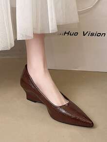 Women's Fashion Wedge Pumps Pointed Toe Slip-On Shoes, 2026 Spring/Summer New Arrival, Wedge Heel, Versatile, Elegant High Heels For Commuting - Brown - View 2