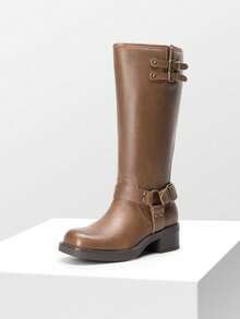 Women's Motorcycle Boots Side Zipper Knee High Boots Square Toe Chunky Low Heel Buckle Decorated Biker Fashion Long Boots Festival Dresses - 摩卡棕 - 查看 5