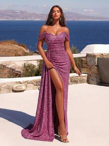 ADYCE Off-The-Shoulder Slit High Thigh Ruffle Sequin Cocktail Party Dress, With Long Ribbon, Elegant Formal Evening Gown For Wedding Guest, Suitable For Graduation Ceremony, Gala Dinner And Other Occasions Spring - 藕粉色 - 查看 3