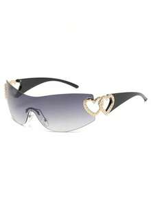 Y2K One-Piece With Heart-Shaped Decorative Frame And Wrap-Around Lenses For Women's Fashionable Eye Protection - Vàng và Xám - Xem 11