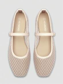 ADAMUMU 黑色网面编织玛丽珍鞋，简约优雅风格，金属搭扣，透气网面编织纹理，舒适平底，女士休闲通勤简约风鞋履 - 杏色 - 查看 1