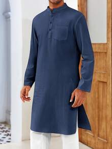 Runcati Mens Kaftan Robe Button Down Long Sleeve Henley Cotton Thobe Casual Side Split Gown Shirt - màu xanh nước biển - Xem 6